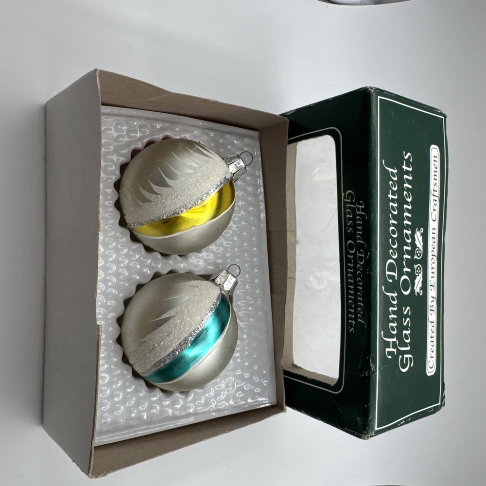 Hand Decorated Set Of 2 Glass Ornaments Created By European Craftsmen
